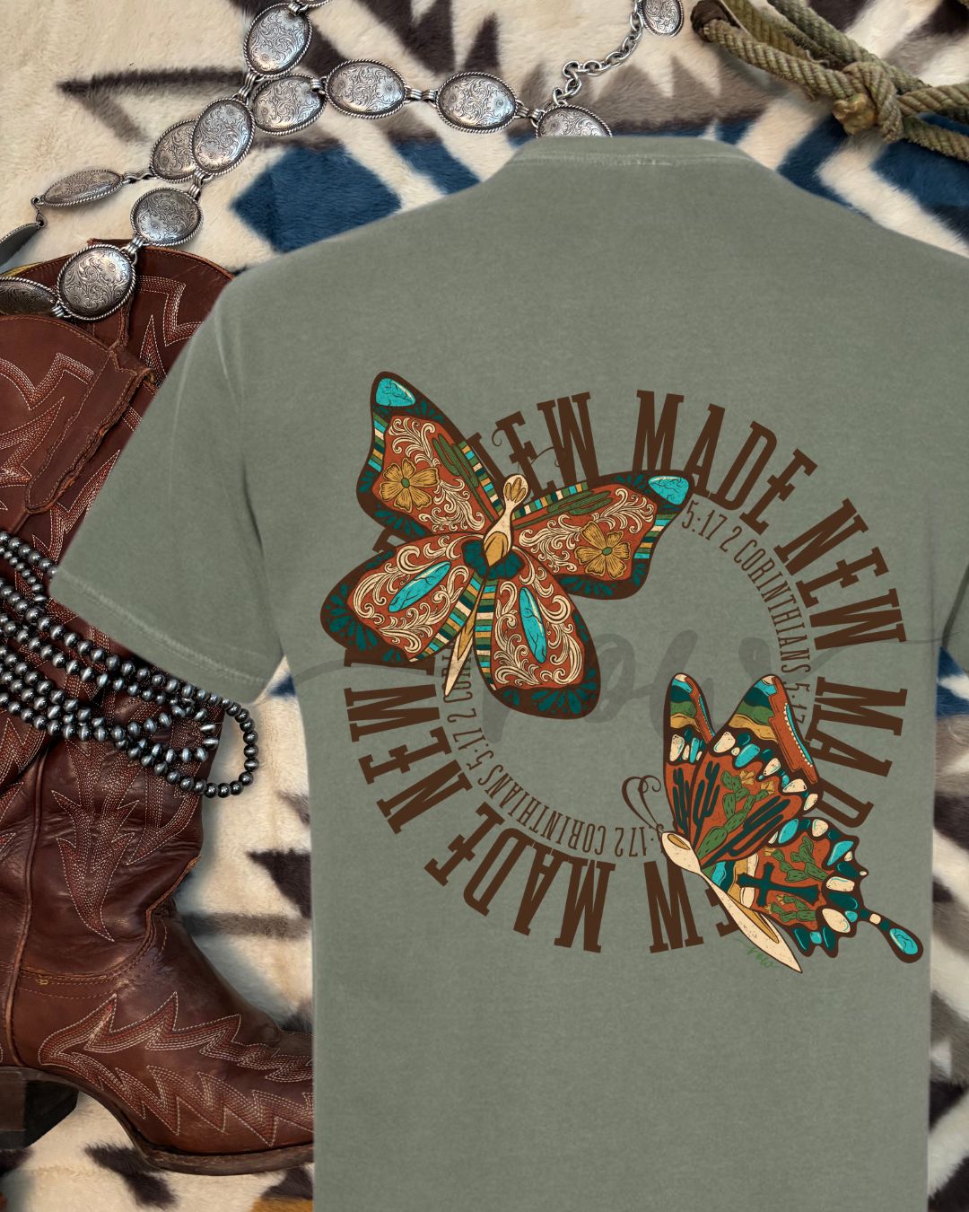 Made New Butterfly Tee, Circle Back Design, 2 Corin. 5:17