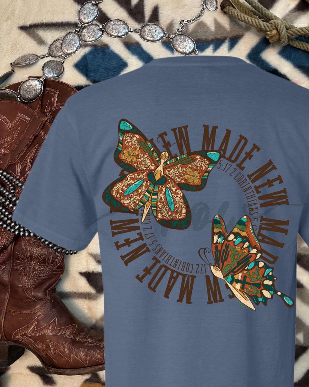 Made New Butterfly Tee, Circle Back Design, 2 Corin. 5:17
