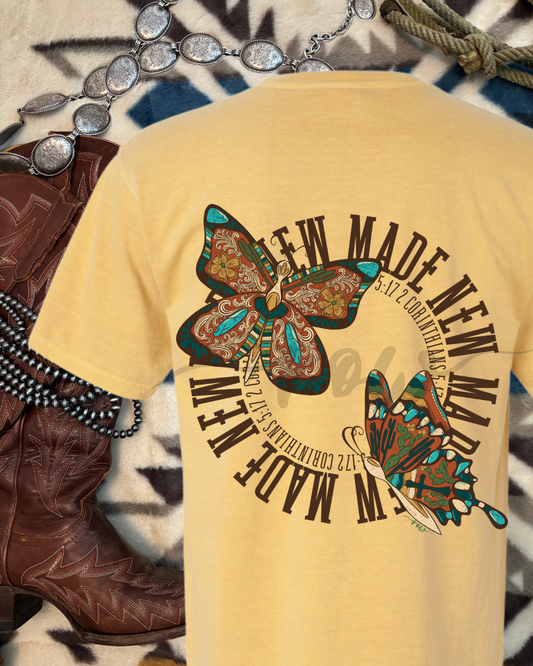 Made New Butterfly Tee, Circle Back Design, 2 Corin. 5:17